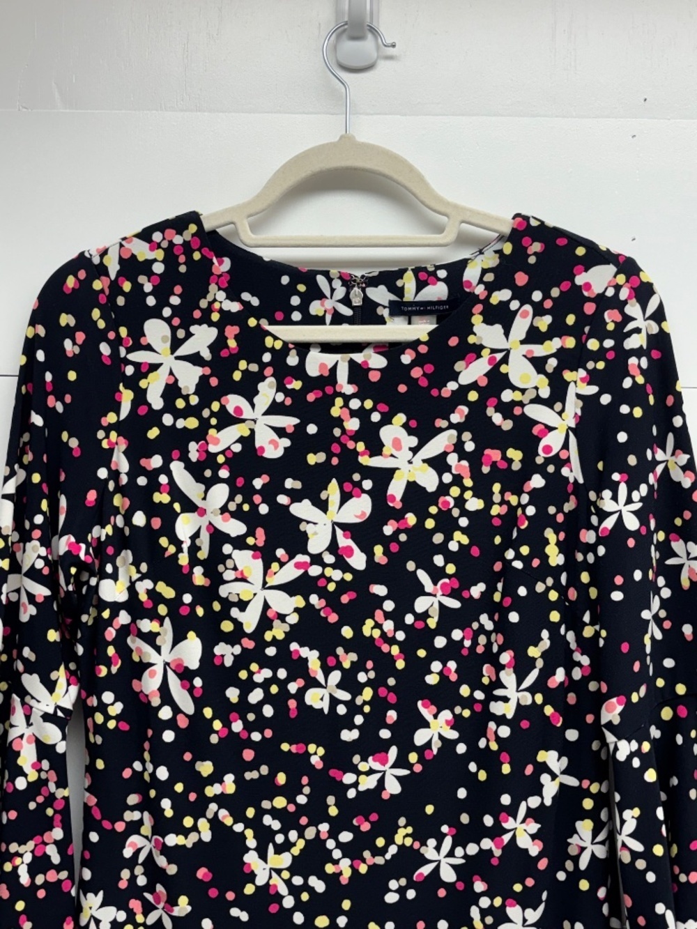 Tommy Hilfiger 3/4 bell sleeve navy dress polka dots and flower pattern size 6